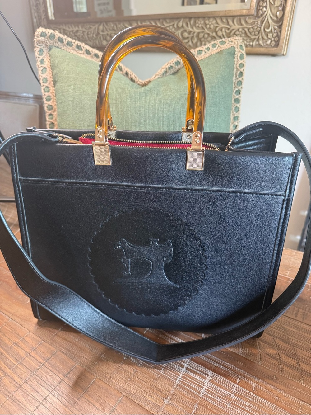 Sam & Libby Corinne Black Tote Bag Sewing Machine Logo Embossed with Red Lining.